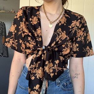 Patterned black tie crop top